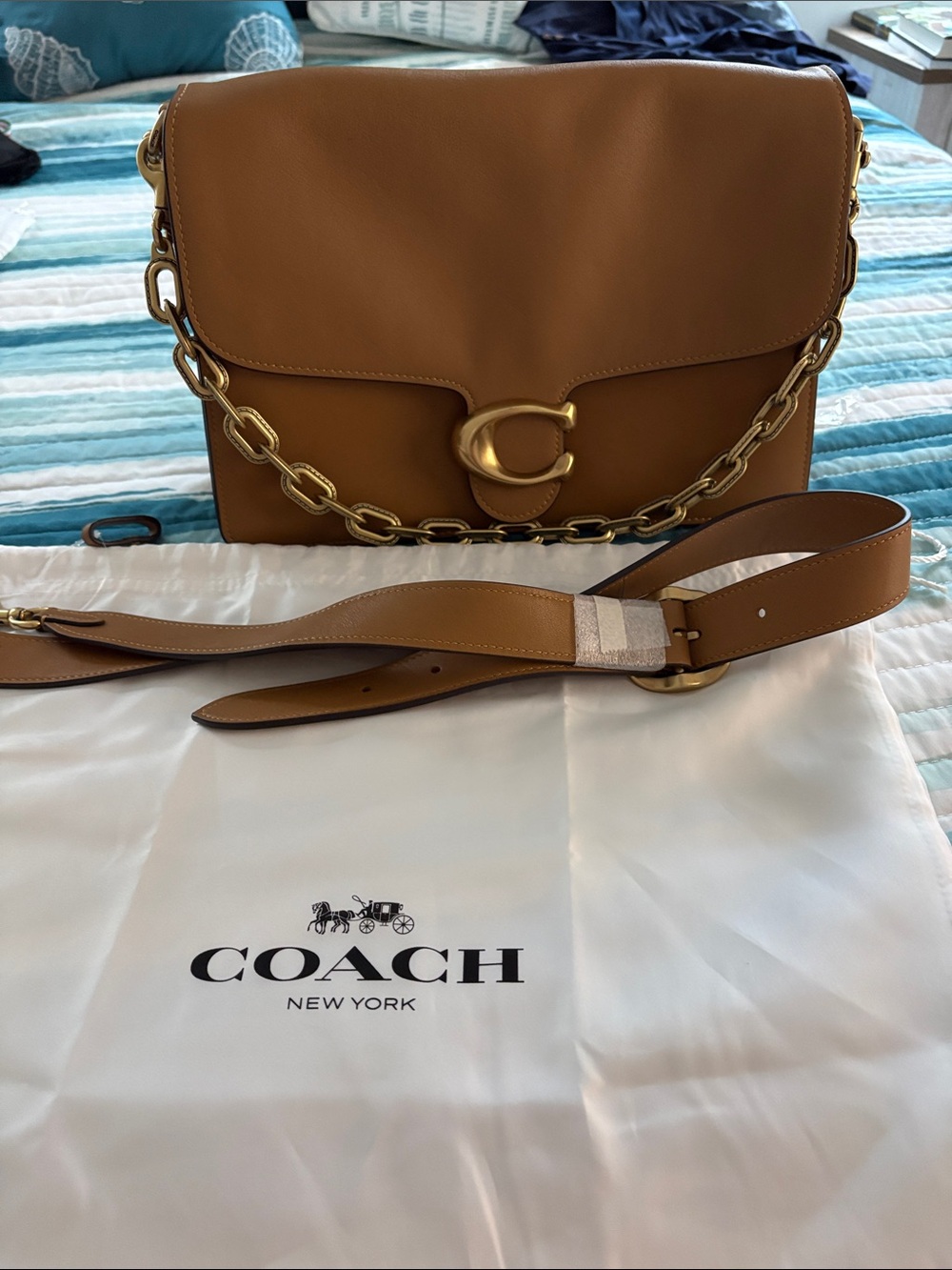 Coach Tabby Saddle Brown Leather Shoulder Bag with Gold Chain